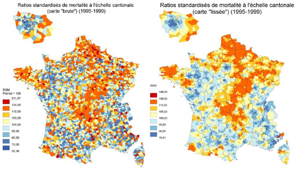 Exemple de résultat d'application d'une méthode de lissage des indicateurs d'incidence sur la France : ratios standardisés de mortalité par canton entre 1995 et 1999.