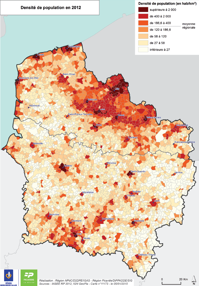 Carte de la densité de population par commune en 2012 pour la région des Heuts-de-France.