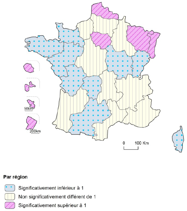 Carte d'incidence de l'insuffisance rénale chronique terminale par région en 2014.