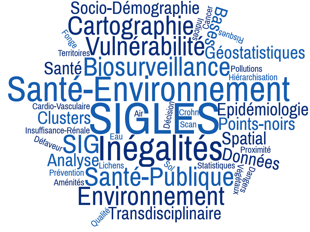 Nuage de mots-clés SIGLES SIGLES, Santé-Environnement, Inégalités, Biosurveillance, Vulnérabilité, Cartographie, SIG, Transdisciplinaire